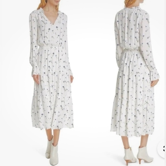 JOIE “Waneta” blue white flower midi dress 3-tier long sleeve ruffle cuff. XS - Picture 3 of 16